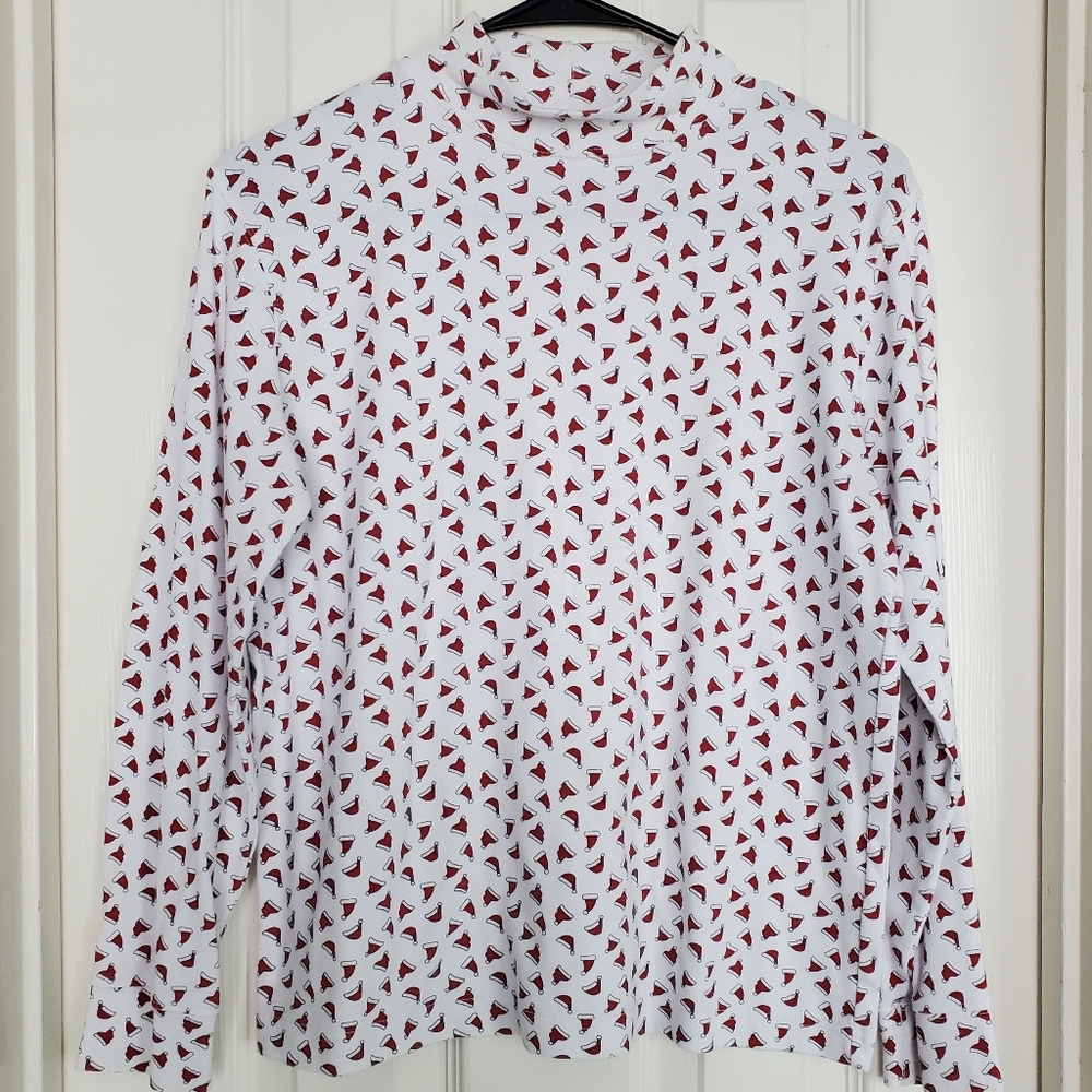 Santa Hat Mock Neck White And Red Patterned Long Sleeve Shirt SZ:PM